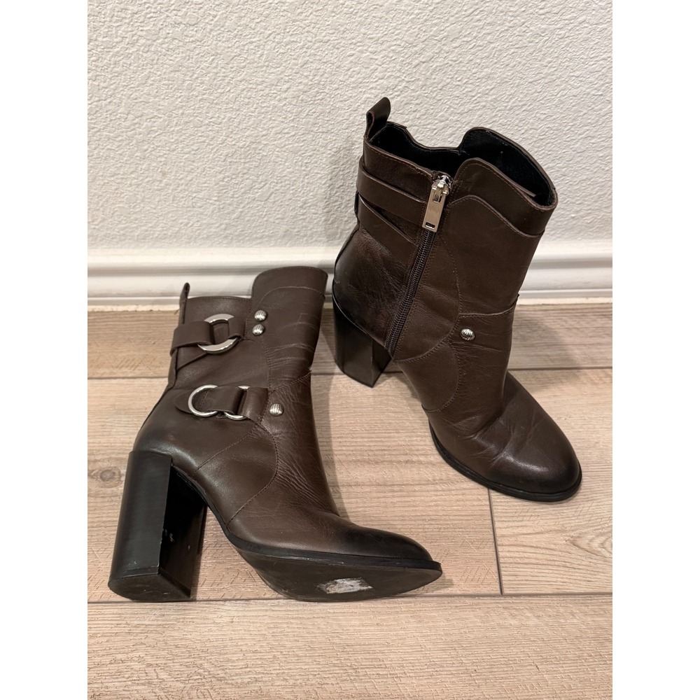 Zara Woman Brown Leather Moto Ankle Boots Block Heel Silver Buckle Size 36